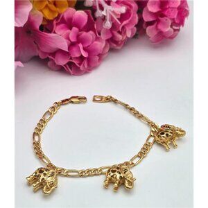 18K Gold Plated Elephant Charm Bracelet 8" Figaro Chain U7 Dangle Boho Lucky